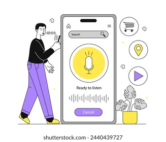 Sprachsuche auf dem Smartphone linear. Mann mit Smartphone, der Informationen im Internet sucht. Mobile Anwendung mit virtuellem Assistenten. Doodle flache Vektor-Illustration isoliert auf weißem Hintergrund