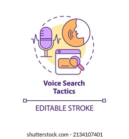 Voice search tactics concept icon. Promotion channel. SEO marketing trend abstract idea thin line illustration. Isolated outline drawing. Editable stroke. Arial, Myriad Pro-Bold fonts used