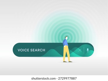 Voice Search technology concept - Speech to Text Searching Assistant and sound recognition illustration. The drawn character says the search query.