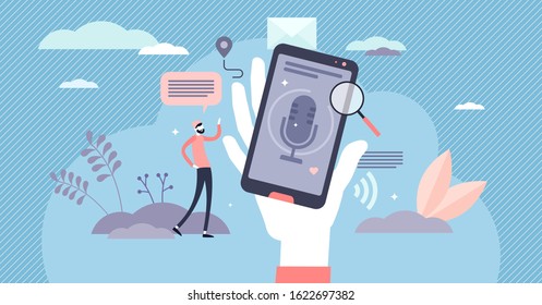 Voice search web content optimization for business growth, flat tiny person vector illustration. Mobile phone device with microphone symbol and user making search query with the speech. Stylized scene