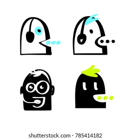 Voice service chat bot, virtual online help customer support. Concept of facial avatar chatbot. Cute smiling character intelligence technology. Graphic design trend modern logo. Sketch sign robot. 