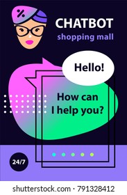 Voice service chat bot.  Virtual online shopping mall, market customer support. Sketch avatar for intelligence technology. Concept banner with head robot chatbot.  Vector illustration. 