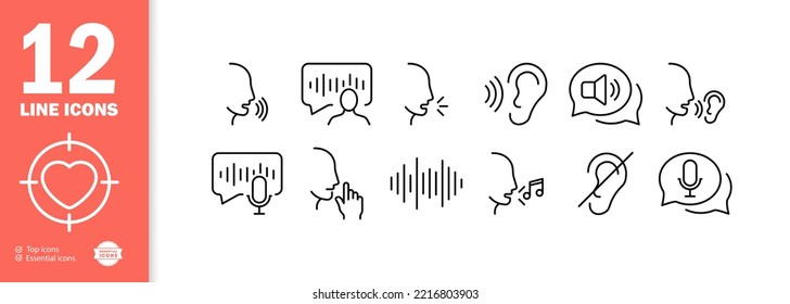 Voice set icon. Speech bubble, voice message, silent mode, mouthpiece, transmitter, voice recorder, sound track, song, voice message. Speech concept. Vector line icon for Business and Advertising