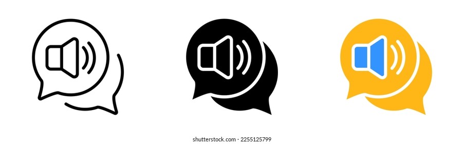 Voice set icon. Speech bubble, voice message, silent mode, mouthpiece, transmitter, voice recorder, sound track, song, voice Vector icon in line, black and colorful style on white background