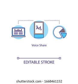 Symbol für Voice-Share-Konzept. SOV, trendige und Einnahmen Modell Idee dünne Linie Illustration. Online-Werbung in digitalen Medienplattformen. Vektorillustration einzeln Umriss RGB Farbzeichnung. Bearbeitbarer Hub