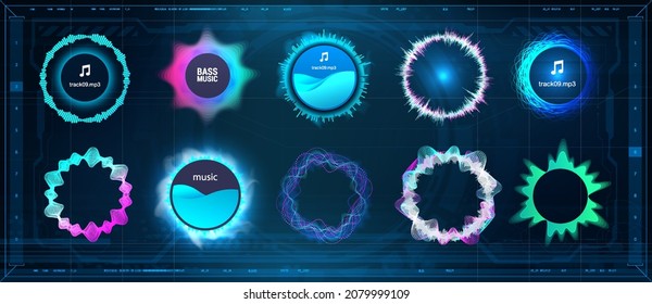 Voice Signal Wave, Circle Sound, Voice, Signal Equalizer. Frequency Audio Waveform, Music Circle Waves And Voice Graph Signal In HUD And Futuristic Style For WEB, UI. Hi-tech Flow Equalizers. Vector