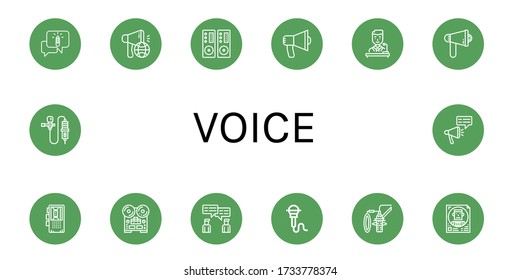 voice simple icons set. Contains such icons as Chatting, Megaphone, Loudspeaker, Audio, Politician, Dictaphone, Recorder, Chat, Microphone, can be used for web, mobile and logo