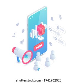Voice social networking app, join voice chat or audio blog isometric concept with smartphone, microphone, sound wave and megaphone. Social media networks audio chat, radio show 3d vector illustration.