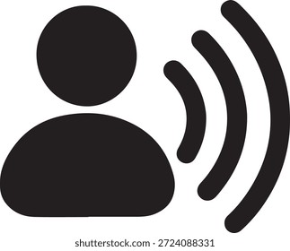 Benutzersymbol für Sprach- oder Tonkommunikation, das Audiosignal, Sprache und Rundfunk in einem sauberen, minimalen schwarzen Vektorstil darstellt.