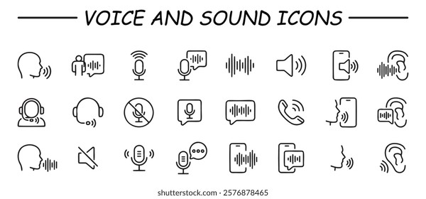 Voice and sound icon collection. Containing audio, microphone, record, podcasting, broadcasting and entertainment icons. Line icon set. Vector illustration.