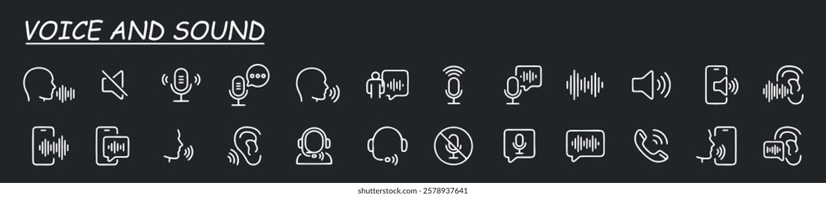 Voice and sound icon collection. Containing audio, microphone, record, podcasting, broadcasting and entertainment icons. Line icon set. Vector illustration.