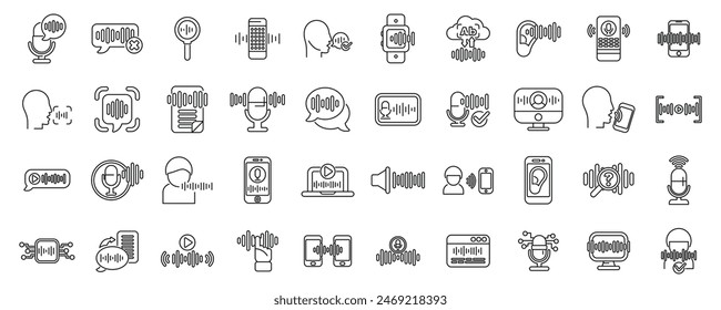 Voice and speech recognition app icons set vector. A collection of icons for various devices and apps, including a cell phone, laptop, and tablet