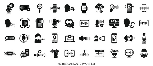 Voice and speech recognition app icons set vector. A collection of icons for various devices and apps, including a microphone, a laptop, a cell phone, and a tablet