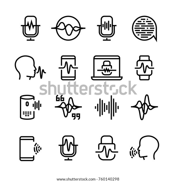 Voice and speech recognition, cellular network\
vector icons. Mic command and hearing symbols. Illustration of\
voice recognition, innovation\
command