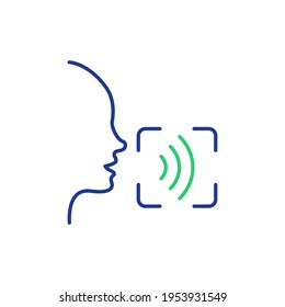 Voice and Speech Recognition line Icon. Voice Command Icon with Sound Wave. Voice Control. Speak or Talk Recognition line pictogram. Human head and Sound Wave. Vector Illustration.