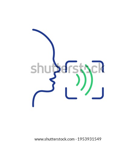 Voice and Speech Recognition line Icon. Voice Command Icon with Sound Wave. Voice Control. Speak or Talk Recognition line pictogram. Human head and Sound Wave. Vector Illustration.