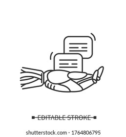 Voice to text icon. Robot hand and message. Linear pictogram for automatic speech to text processing technology. Editable stroke vector illustration for web, ui and machine learning service business 