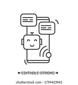 Icono de voz a texto. Pictograma lineal para smartphone, robot, audio y burbuja de mensajes. Concepto de chat móvil y servicio de conversión de voz en línea. Ilustración vectorial editable para web, ui y logotipo 