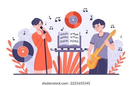 Voice training concept. Guitarist and vocalist rehearse on stage, young girl sings songs. Creativity and art. Music group performing. Poster or banner for website. Cartoon flat vector illustration