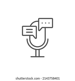 Icono de línea del traductor de voz. signo de estilo lineal para concepto móvil y diseño web. Micrófono con icono vector de contorno de burbuja de chat. Símbolo, ilustración del logotipo. Gráficos vectoriales