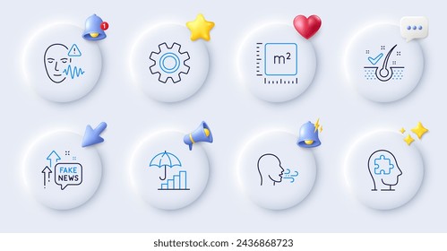 Voice wave, Breathing exercise and Service line icons. Buttons with 3d bell, chat speech, cursor. Pack of Fake news, Anti-dandruff flakes, Mental conundrum icon. Vector