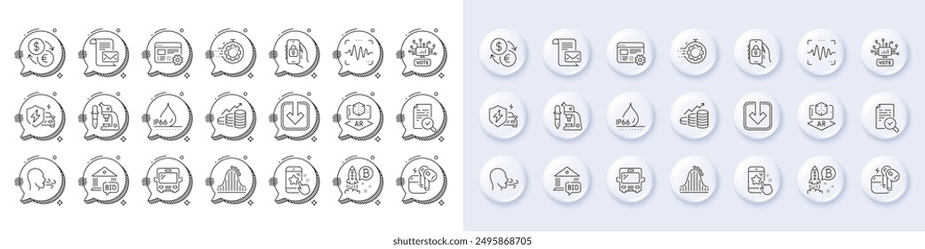 Voice wave, Bus and Bitcoin project line icons. White pin 3d buttons, chat bubbles icons. Pack of Waterproof, Star rating, Roller coaster icon. Vector