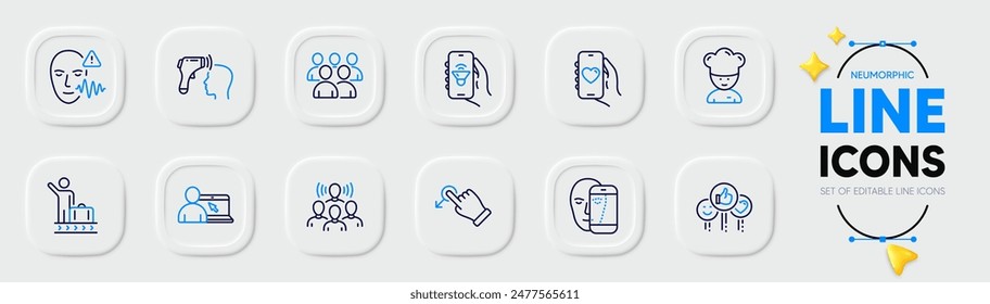 Voice wave, Dating app and Music app line icons for web app. Pack of Luggage belt, Cooking chef, Team work pictogram icons. Electronic thermometer, Drag drop, Online education signs. GroupLike. Vector