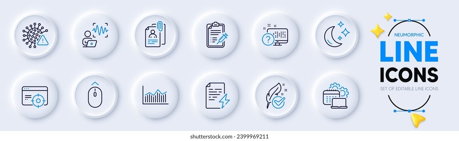 Voice wave, Swipe up and Vaccine report line icons for web app. Pack of Hypoallergenic tested, Covid virus, Moon pictogram icons. Money diagram, Power certificate, Software signs. Vector