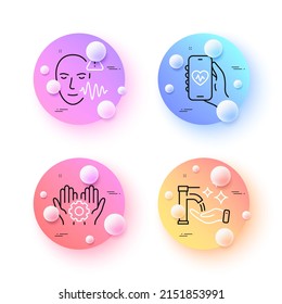 Voice wave, Washing hands and Health app minimal line icons. 3d spheres or balls buttons. Employee hand icons. For web, application, printing. Face access, Hygiene care, Medical application. Vector