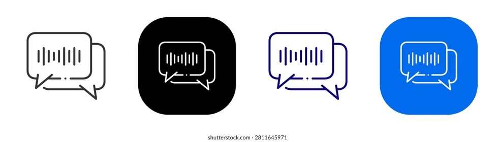 Voice waveform chat bubbles for audio message recording and spoken communication. Line, filled, black, color set. Editable stroke