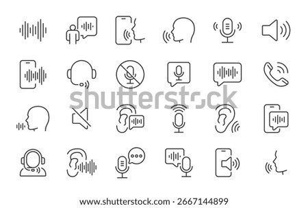 Voice web icons in line style. Sound wave, voice recognition, message, audio, speech, collection. Vector illustration.