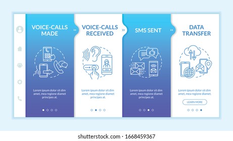 Voice-calls and data transfer onboarding vector template. Online communication, messages and calls. Responsive mobile website with icons. Webpage walkthrough step screens. RGB color concept