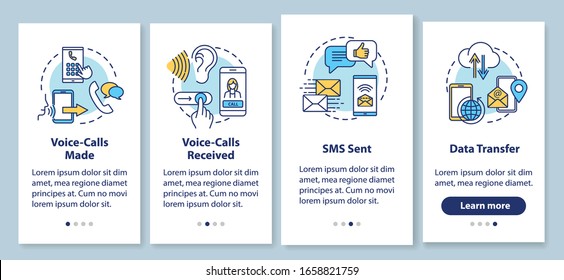 Voice-calls making and receiving onboarding mobile app page screen with concepts. SMS and data transfer walkthrough 4 steps graphic instructions. UI vector template with RGB color illustrations