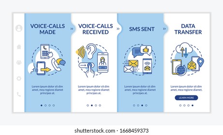 Voice-calls and messages onboarding vector template. Communication, sms and data transfer. Responsive mobile website with icons. Webpage walkthrough step screens. RGB color concept