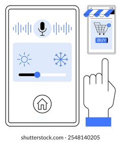 Voice-controlled home automation interface with a microphone icon and sound waves, temperature control slider with sun and snowflake icons, house icon, online shopping cart with buy button, and a