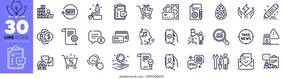 Voicemail, Approved agreement and User call line icons pack. Technical documentation, Wallet, Inventory web icon. Chat bubble, Fake news, Employee hand pictogram. Documentation. Vector