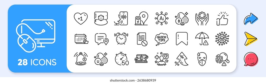 Voicemail, Augmented reality and Risk management line icons. Interest rate, AI generate, Inflation icons. Pack of Quick tips, Vitamin u, Reminder icon. Vector
