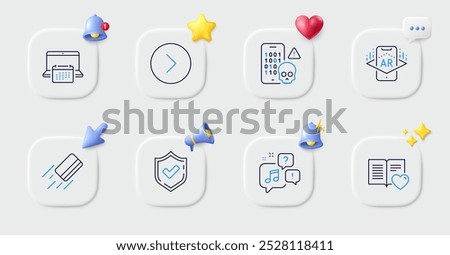 Voicemail, Credit card and Cyber attack line icons. Buttons with 3d bell, chat speech, cursor. Pack of Calendar, Forward, Confirmed icon. Augmented reality, Love book pictogram. Vector