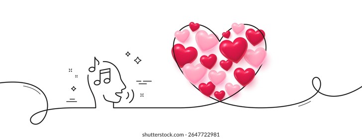 Voicemail line icon. Continuous line big heart. Audio message sign. Singing symbol. 3d hearts in heart shaped loop. Voicemail single line ribbon. Loop curve pattern. Vector