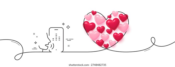 Voicemail line icon. Continuous line big heart. Record phone voice sign. Cellphone mic symbol. 3d hearts in heart shaped loop. Voicemail single line ribbon. Loop curve pattern. Vector