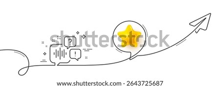 Voicemail line icon. Continuous line with share plane. Audio message sign. Listen music symbol. 3d star in speech bubble. Voicemail single line ribbon. Loop curve pattern. Vector