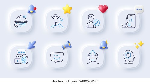 Voicemail, Smile chat and Mental health line icons. Buttons with 3d bell, chat speech, cursor. Pack of Edit person, Biometric security, Psychology icon. Leadership, Restaurant food pictogram. Vector