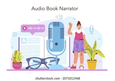 Voiceover Concept. Voice Actor Dubbing A Movie Or Series. Audio Book Narrating. Character Talking Through The Microphone At The Studio. Flat Vector Illustration