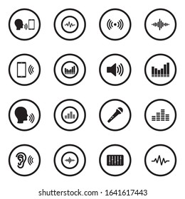 Voiceover Icons. Black Flat Design In Circle. Vector Illustration.