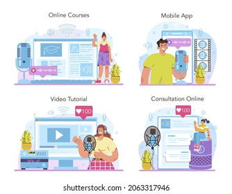 Voiceover online service or platform set. Voice actor dubbing a movie or series. Audio book narrating and radio announcer. Online course, consultation, video tutorial, mobile app. Vector illustration