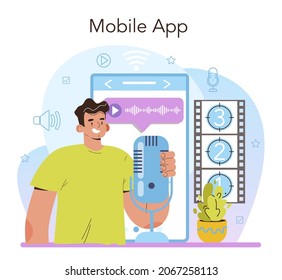 Voiceover online service or platform. Voice actor dubbing a movie or series. Audio book narrating and radio announcer. Mobile app. Vector illustration