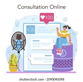 Voiceover Online Service Or Platform. Voice Actor Dubbing A Movie Or Series. Audio Book Narrating And Radio Announcer. Online Consultation. Vector Illustration