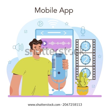 Voiceover online service or platform. Voice actor dubbing a movie or series. Audio book narrating and radio announcer. Mobile app. Vector illustration