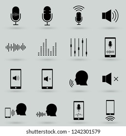 Voiceover or Voice Command Icon with Sound Wave Images Set - solid