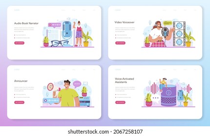 Voiceover web banner or landing page set. Voice actor dubbing a movie or series. Audio book narrating and radio announcer. Character talking through the microphone at studio. Flat vector illustration